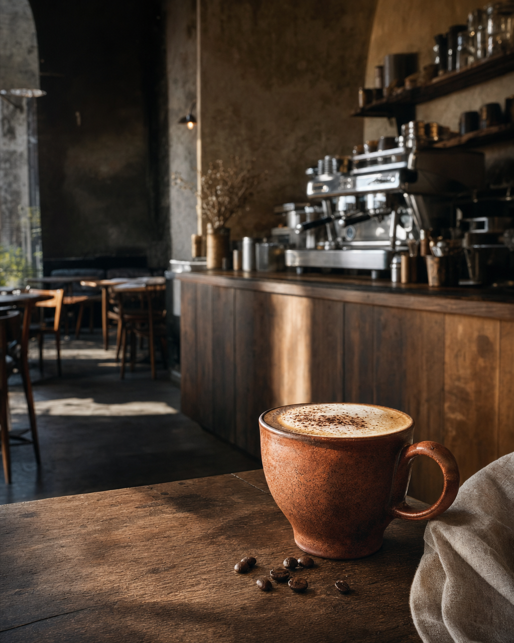 Handmade ceramic cappuccino on a wooden table in the warm Fable and Roast café